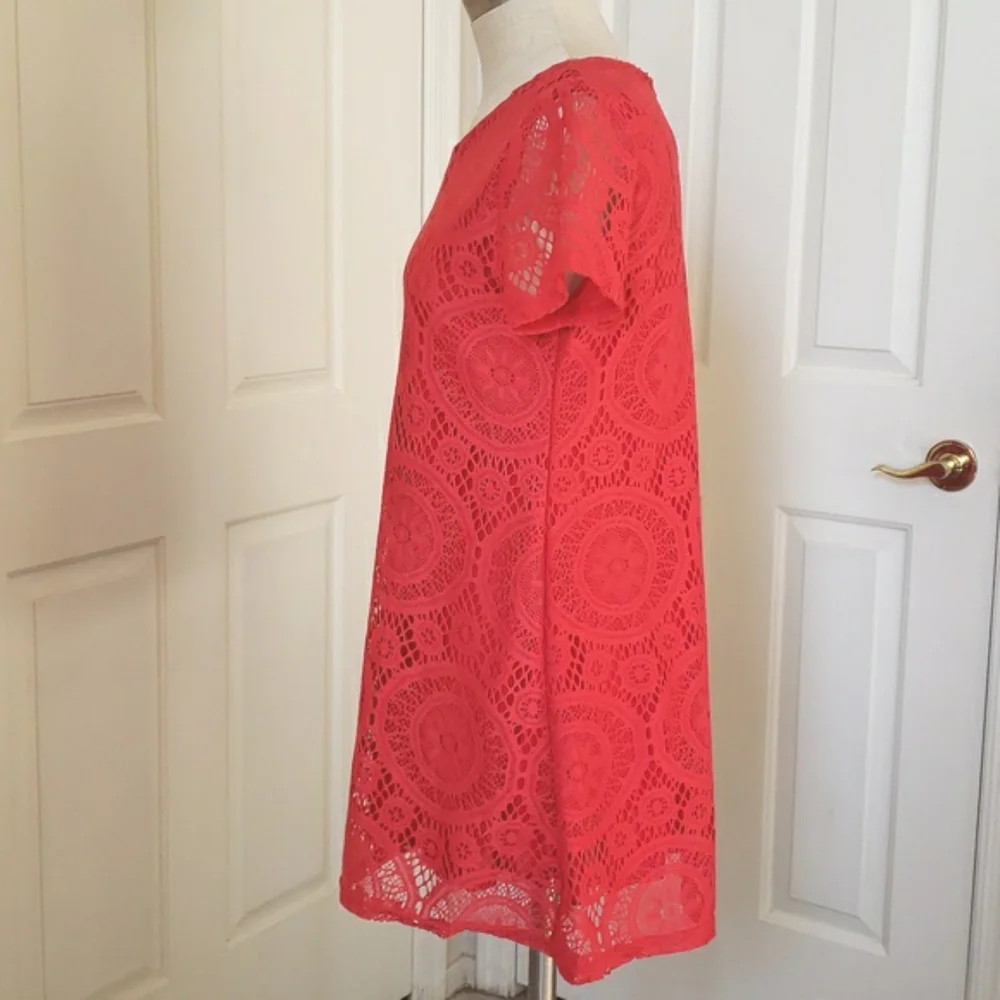 VINTAGE 90's Coral Red Crochet Lace Short Sleeve Shift Dress Tunic SMALL